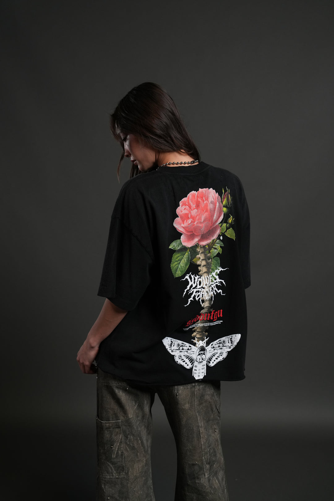Mori Rose Distressed Grunge Tee in Black Drift Wash