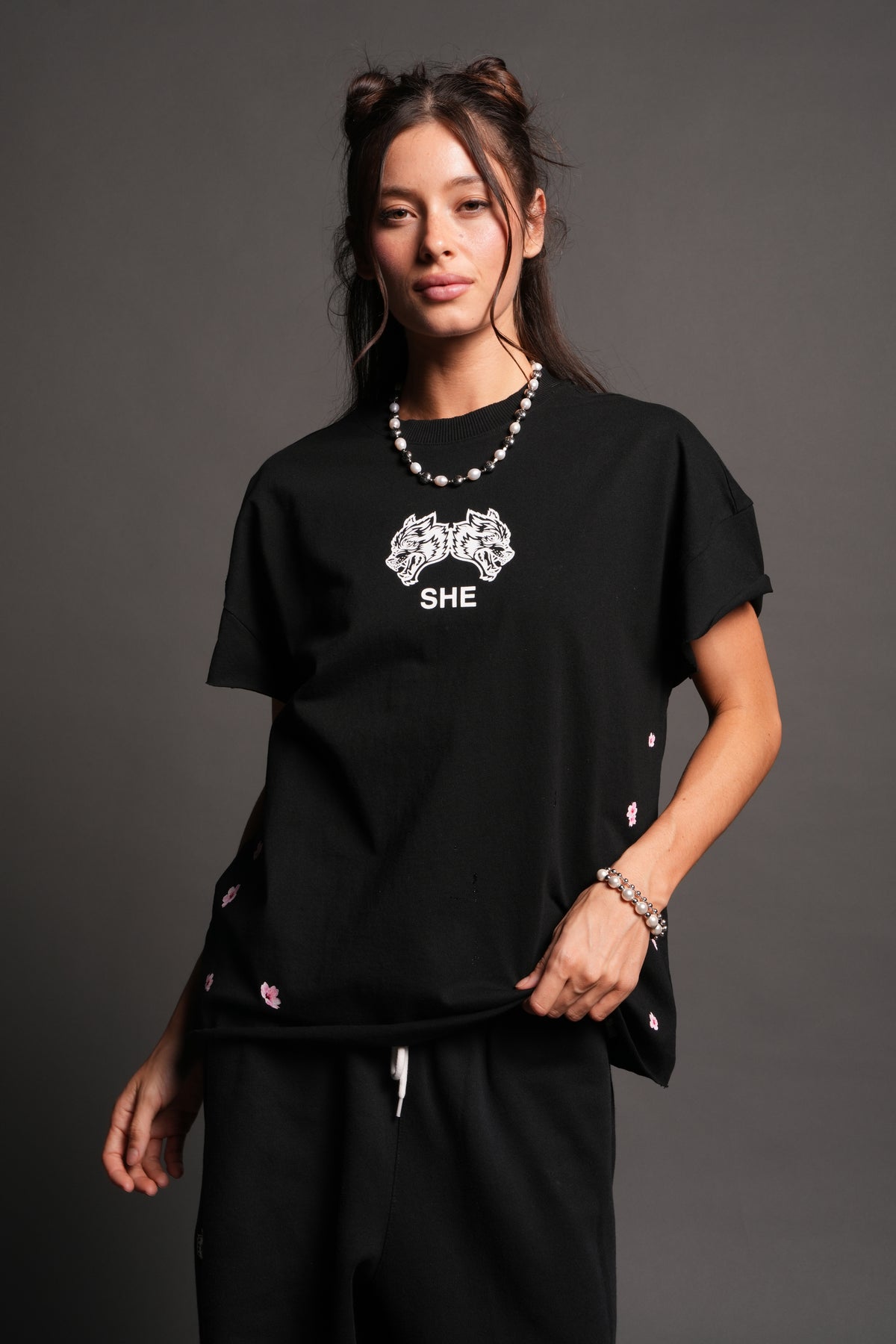 Sakura Hesh Grunge Mid Length Raw Hem Cap Sleeve Tee In Black