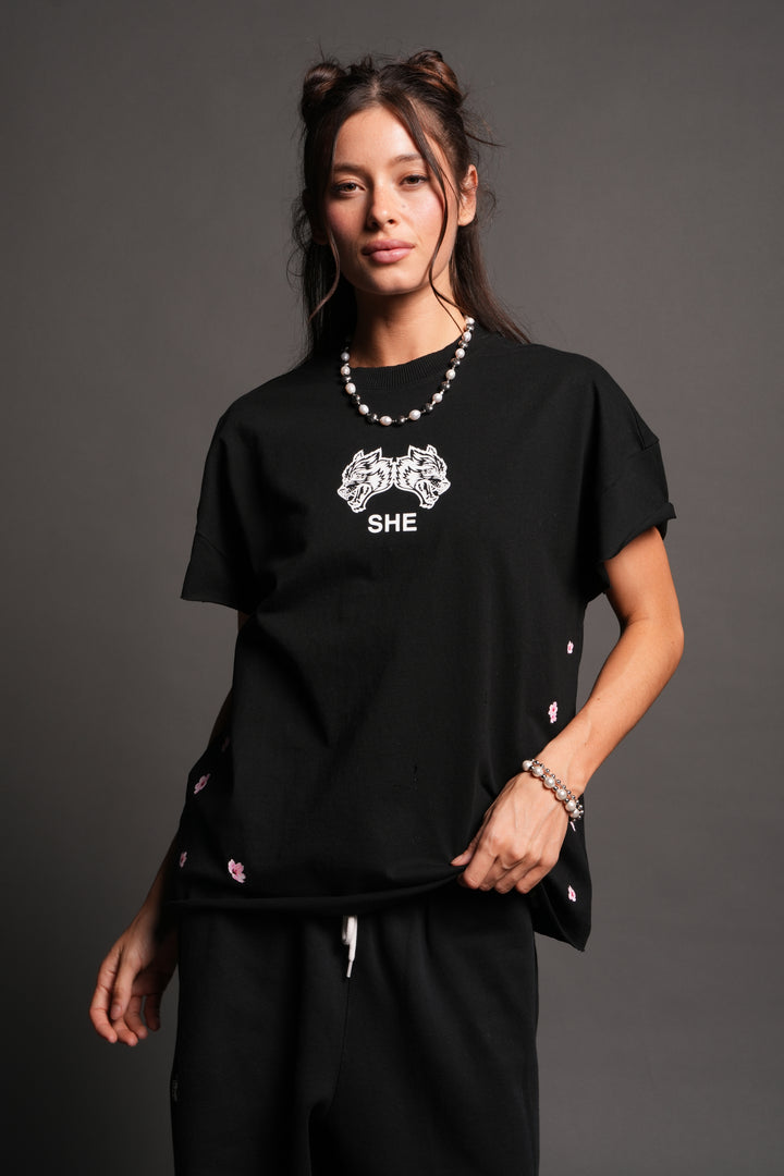 Sakura Hesh Grunge Mid Length Raw Hem Cap Sleeve Tee In Black