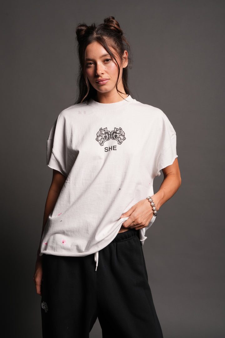 Sakura Hesh Grunge Mid Length Raw Hem Cap Sleeve Tee In Stone