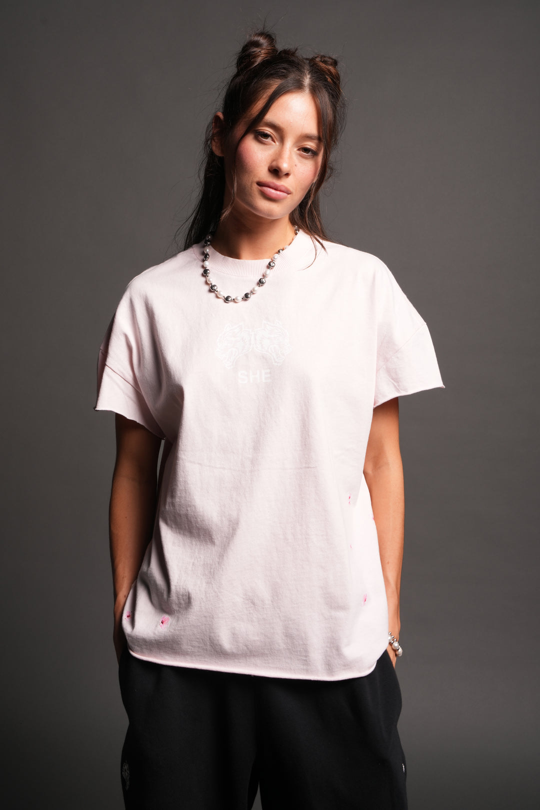Sakura Hesh Grunge Mid Length Raw Hem Cap Sleeve Tee In Blush Pink