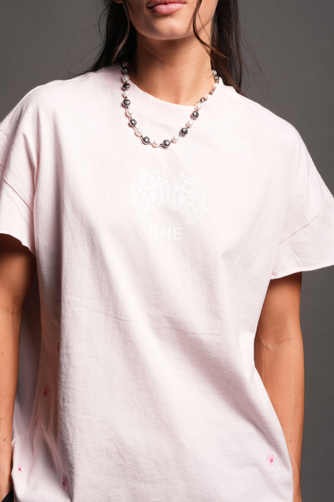 Sakura Hesh Grunge Mid Length Raw Hem Cap Sleeve Tee In Blush Pink