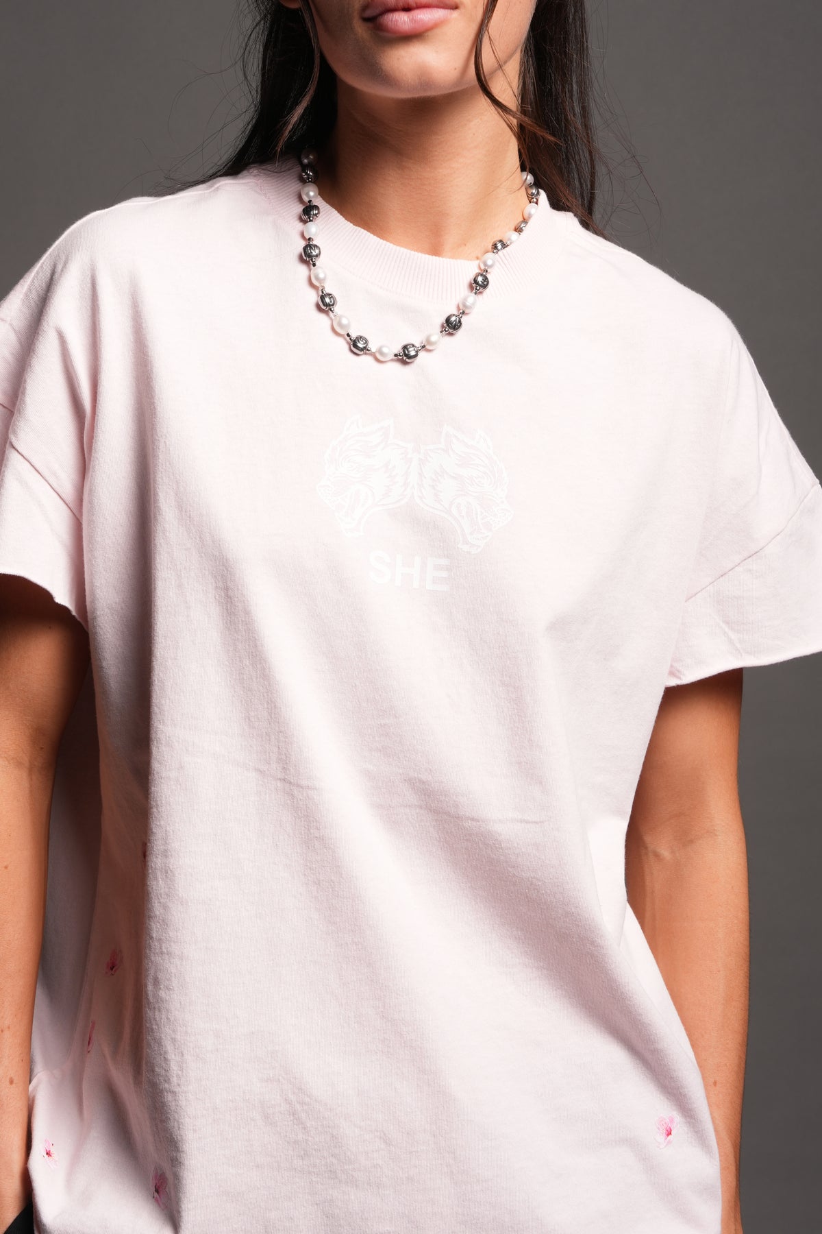 Sakura Hesh Grunge Mid Length Raw Hem Cap Sleeve Tee In Blush Pink