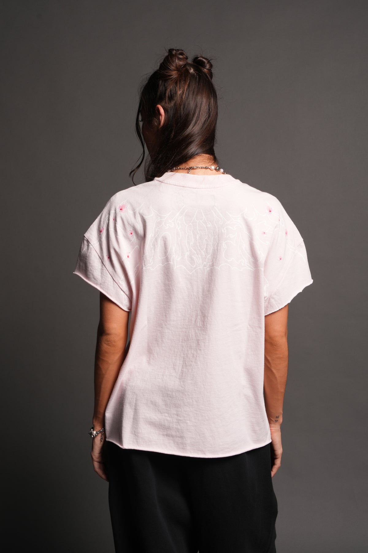 Sakura Hesh Grunge Mid Length Raw Hem Cap Sleeve Tee In Blush Pink