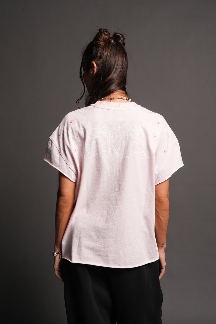 Sakura Hesh Grunge Mid Length Raw Hem Cap Sleeve Tee In Blush Pink