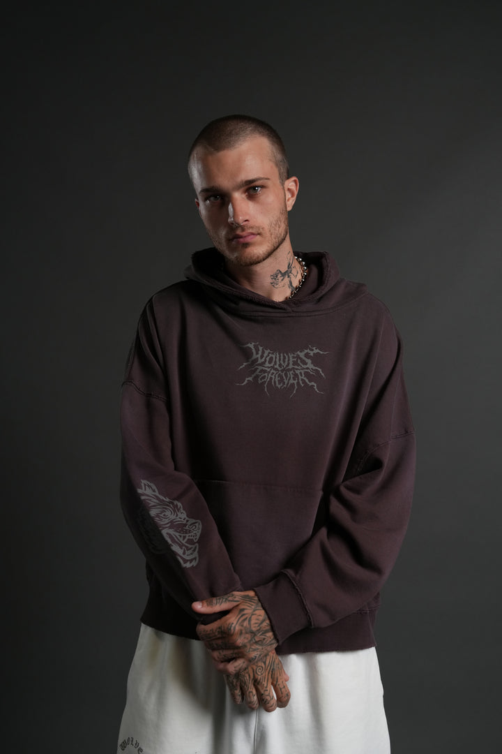 Slasher Destroyed Grunge "Gage Box Cut" Hoodie in Darc Garnet Drift Wash