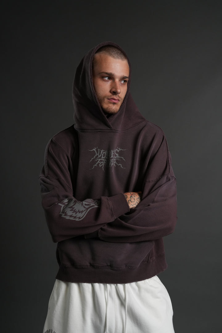 Slasher Destroyed Grunge "Gage Box Cut" Hoodie in Darc Garnet Drift Wash