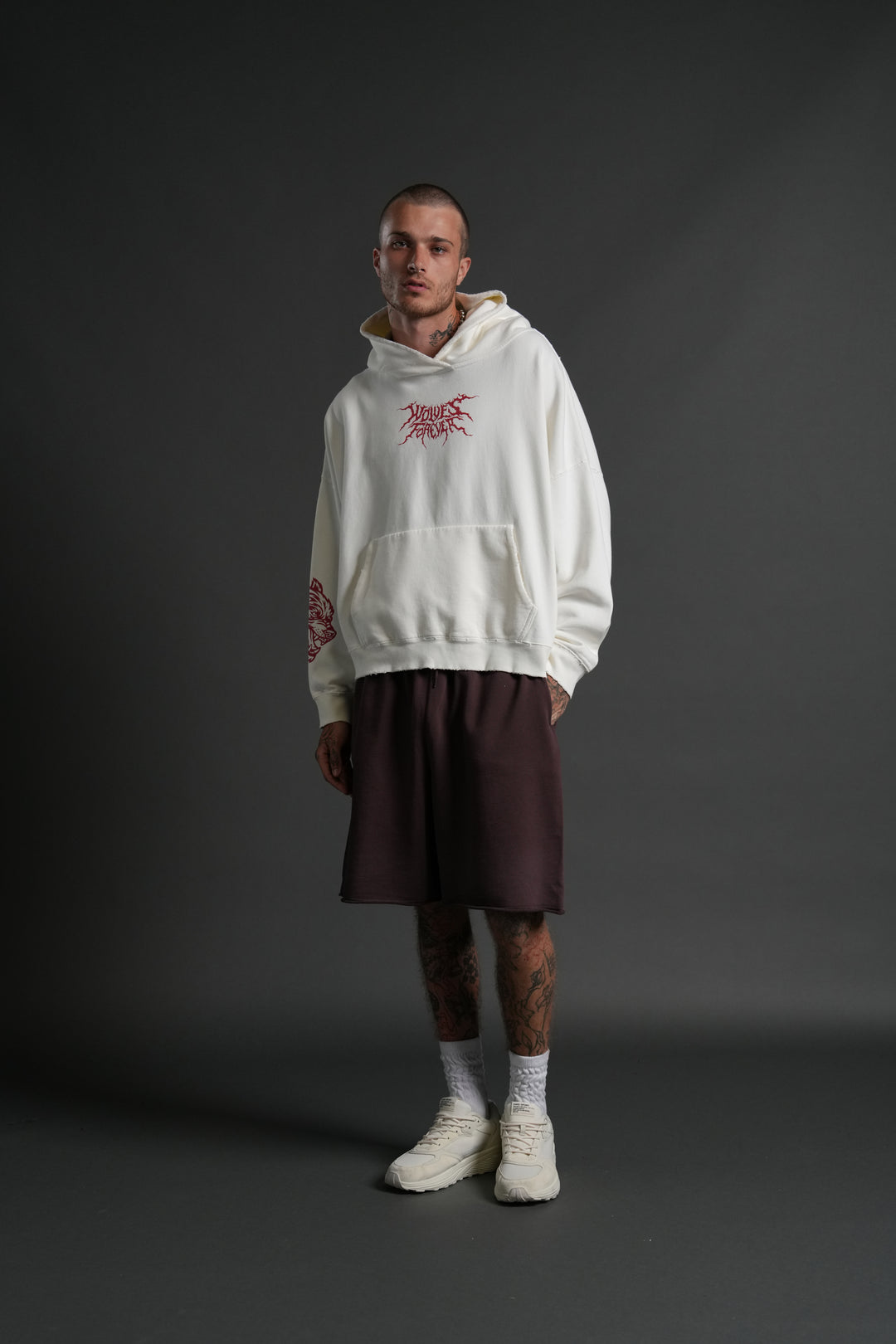 Slasher Destroyed Grunge "Gage Box Cut" Hoodie in Cream