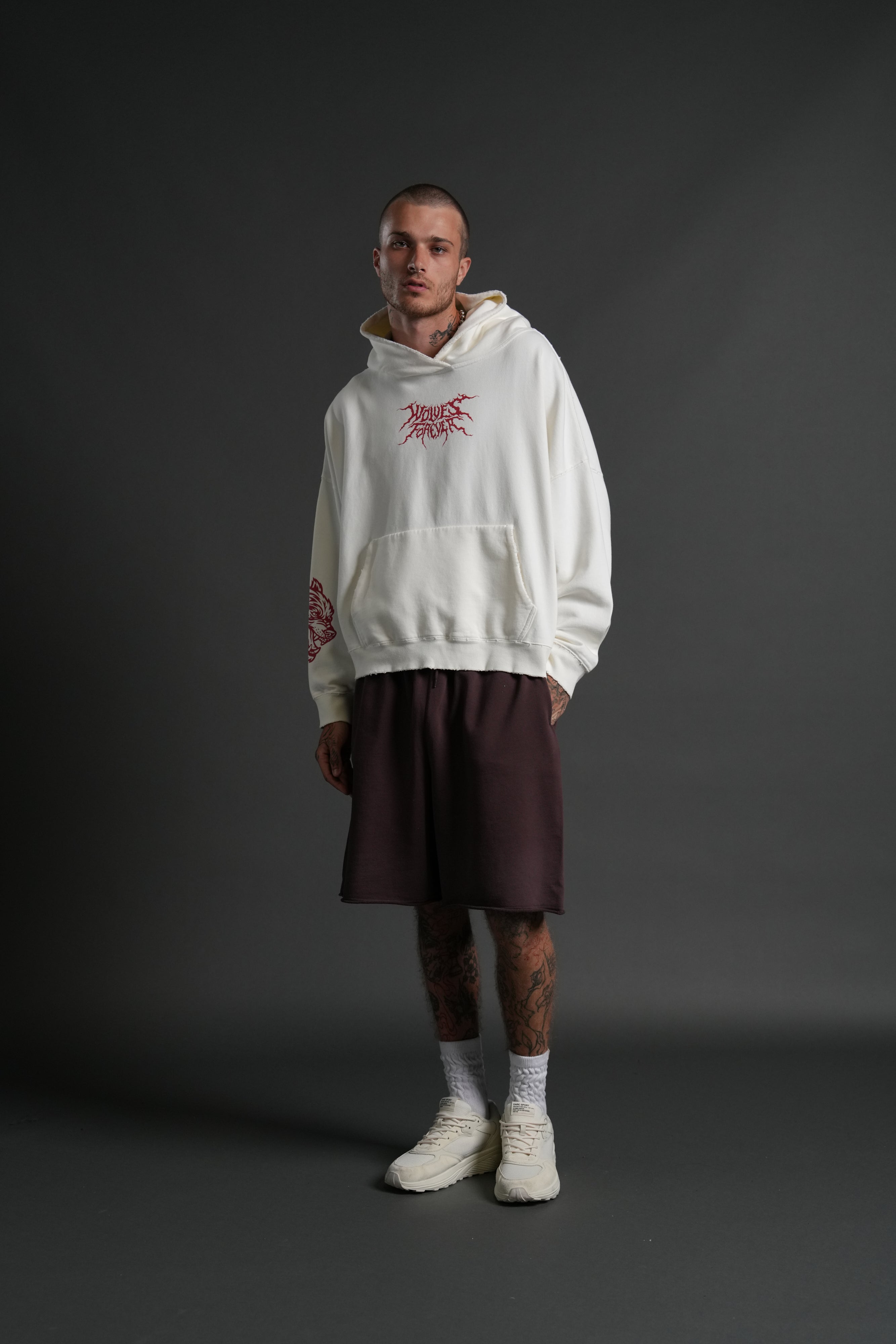 Slasher Destroyed Grunge "Gage Box Cut" Hoodie in Cream