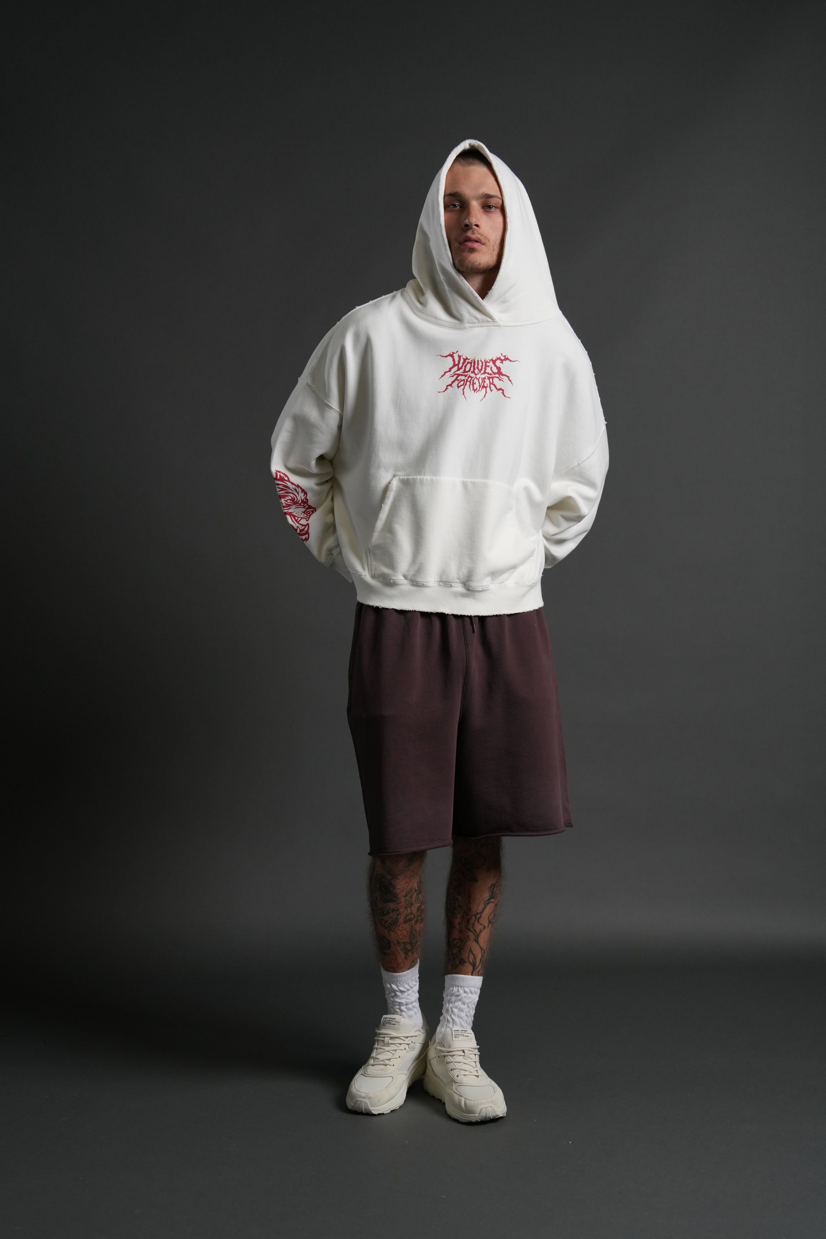 Slasher Destroyed Grunge "Gage Box Cut" Hoodie in Cream