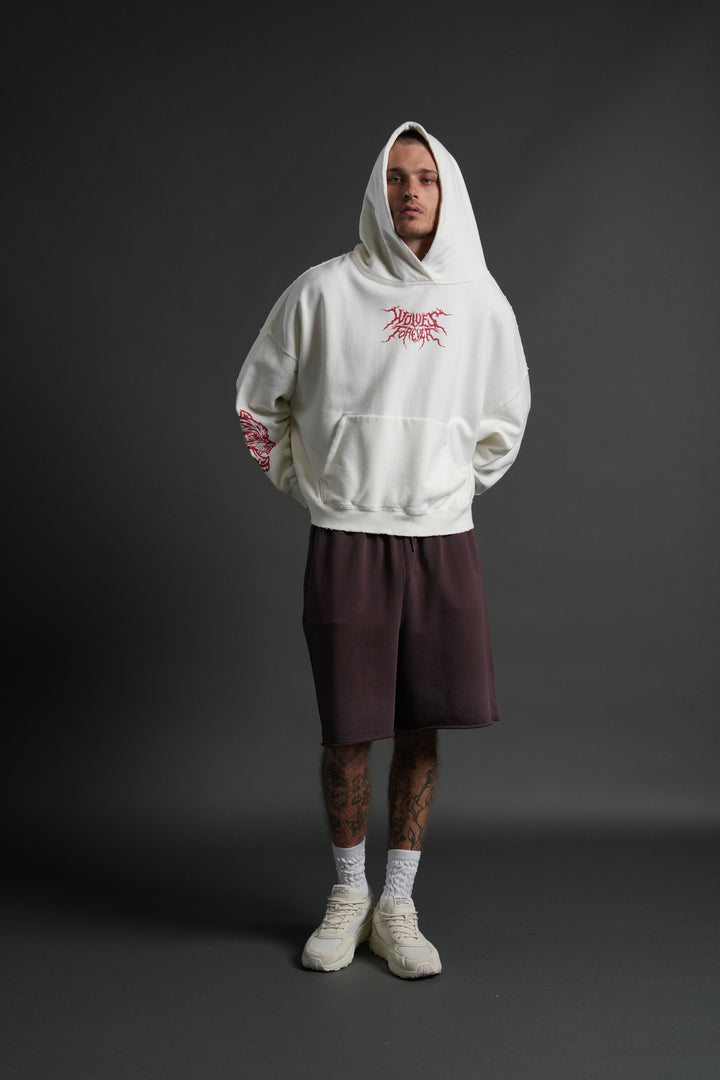 Slasher Destroyed Grunge "Gage Box Cut" Hoodie in Cream