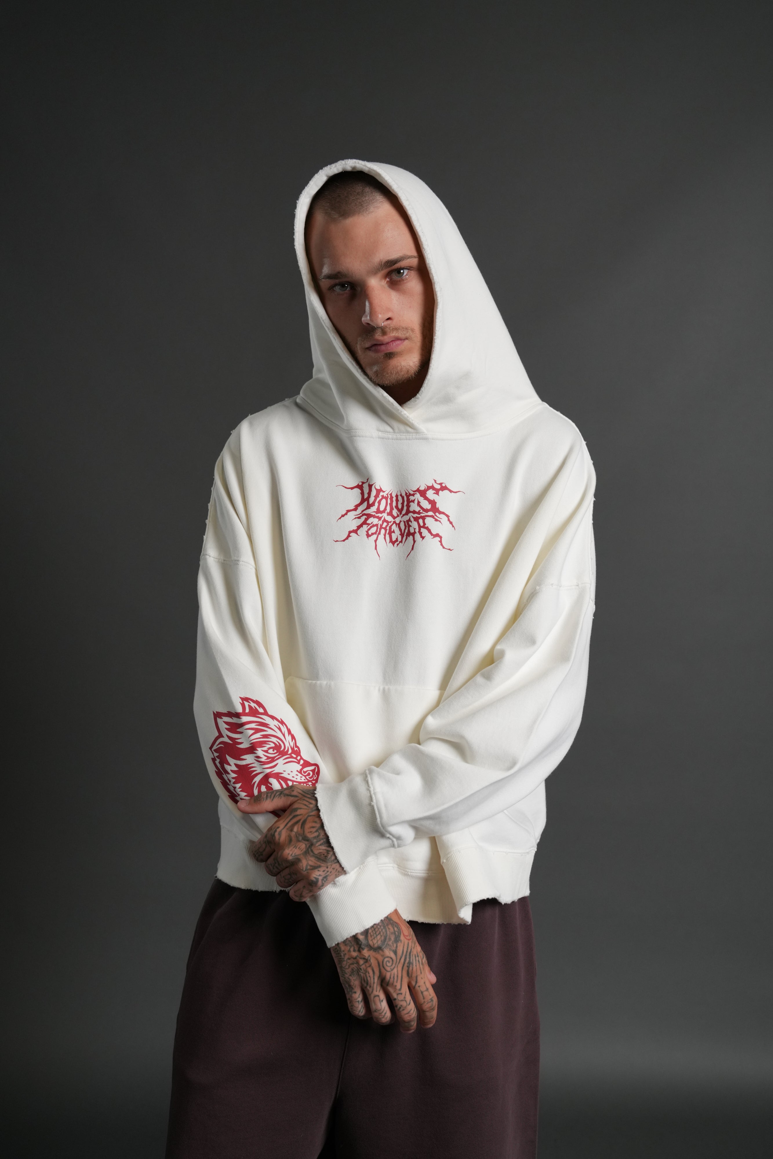 Slasher Destroyed Grunge "Gage Box Cut" Hoodie in Cream