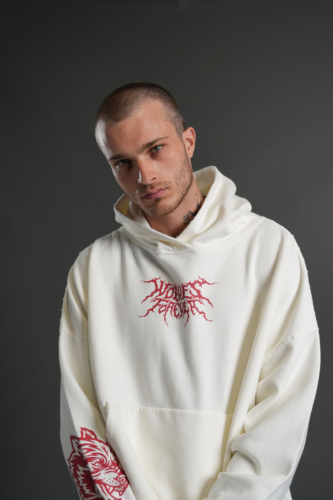 Slasher Destroyed Grunge "Gage Box Cut" Hoodie in Cream