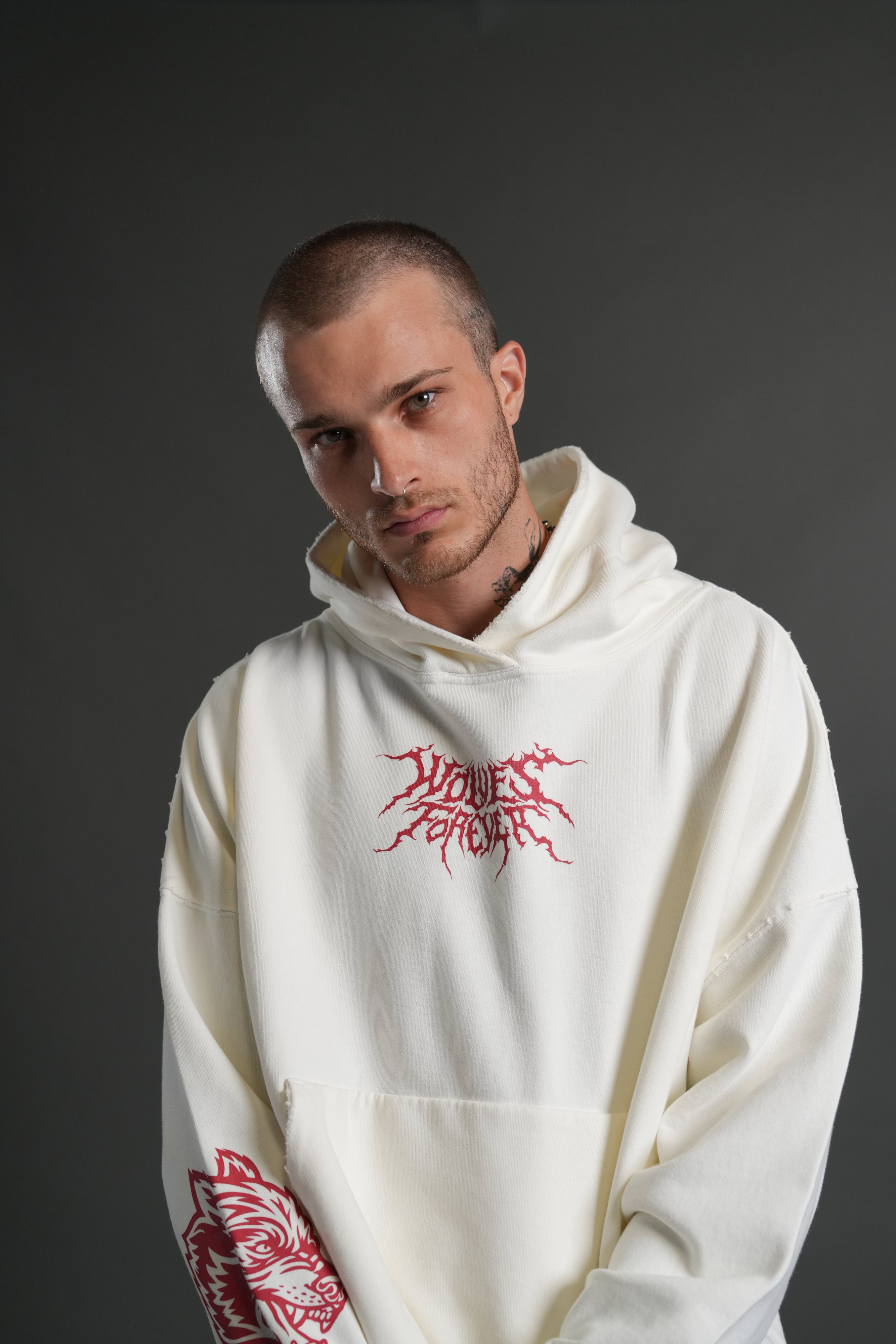 Slasher Destroyed Grunge "Gage Box Cut" Hoodie in Cream