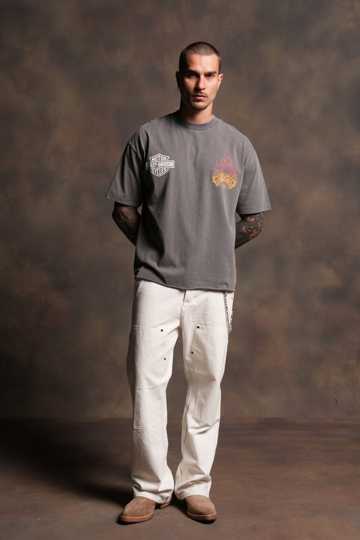 Rising Sun Grunge Mid Length Raw Hem Tee in Slate Gray