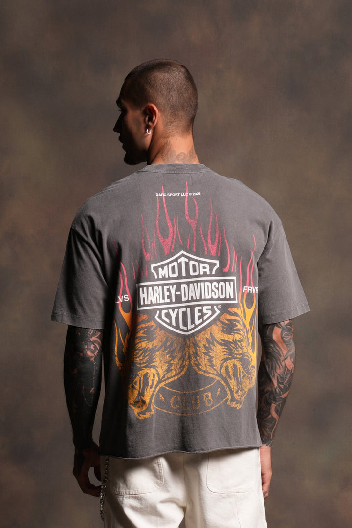 Rising Sun Grunge Mid Length Raw Hem Tee in Slate Gray