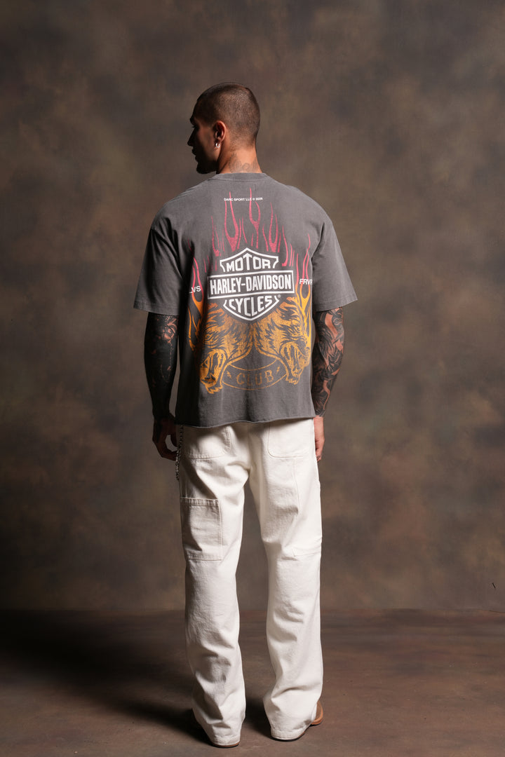 Rising Sun Grunge Mid Length Raw Hem Tee in Slate Gray