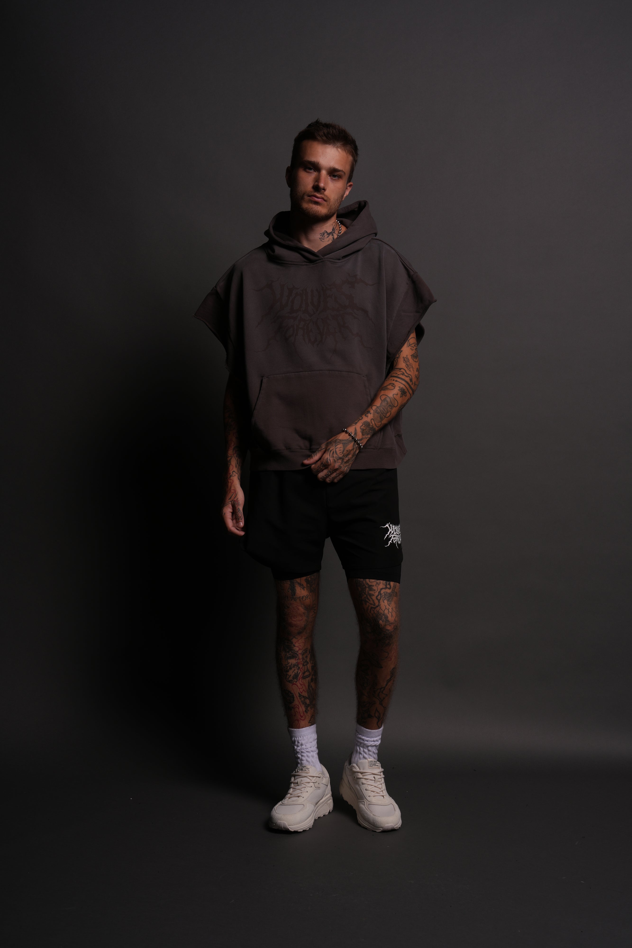 Forged From Iron Grunge Gage Cap Sleeve Hoodie in Darc Brown Horizon Sun Fade