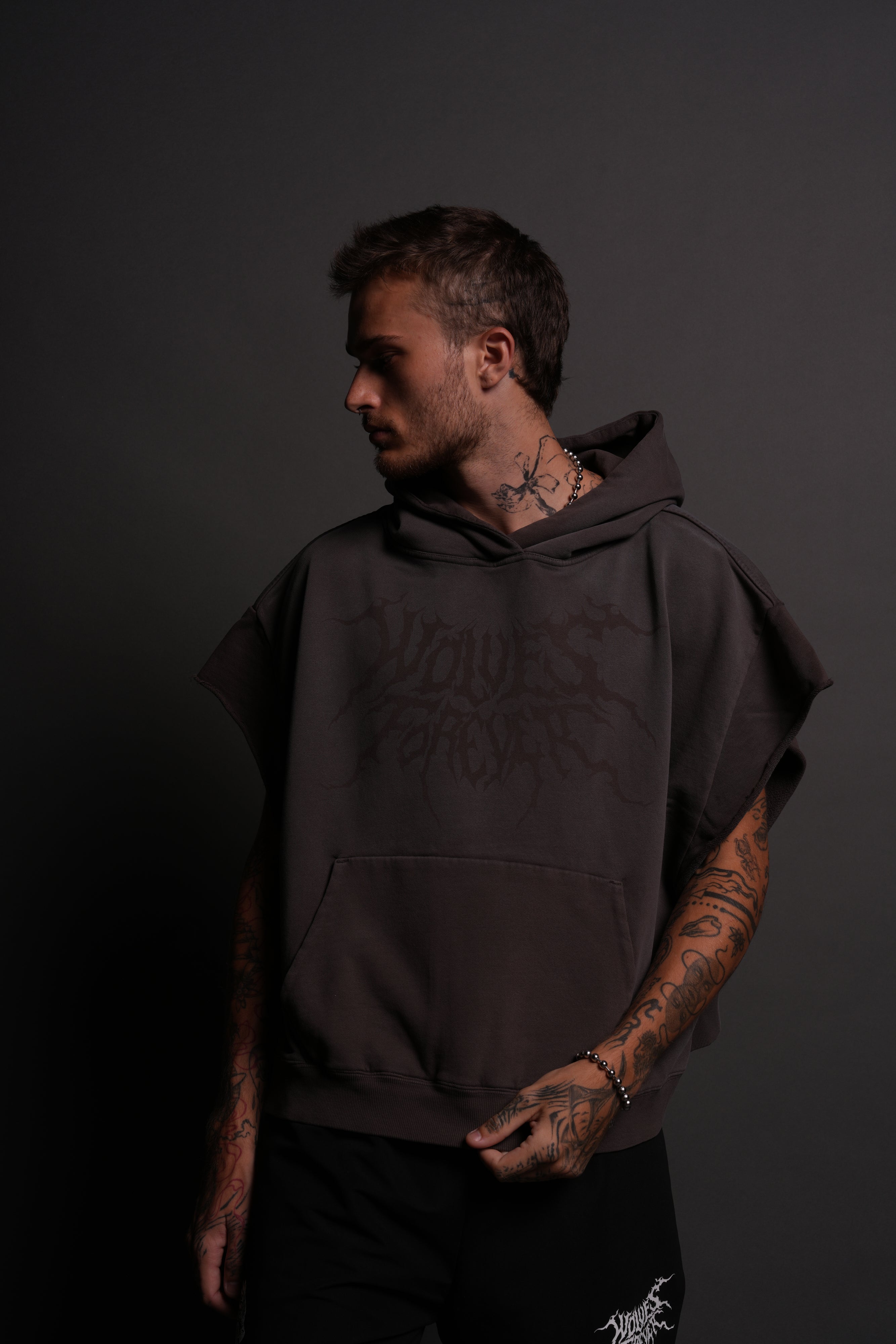 Forged From Iron Grunge Gage Cap Sleeve Hoodie in Darc Brown Horizon Sun Fade