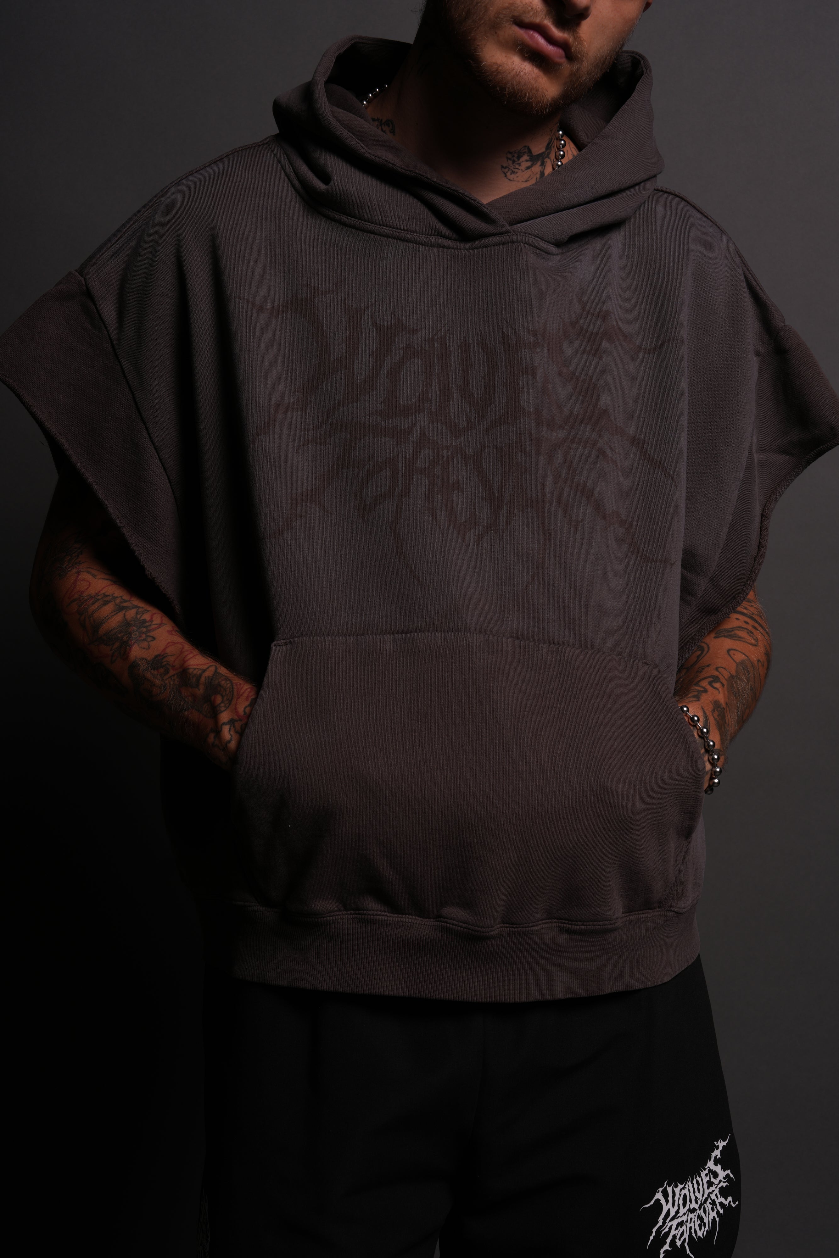 Forged From Iron Grunge Gage Cap Sleeve Hoodie in Darc Brown Horizon Sun Fade
