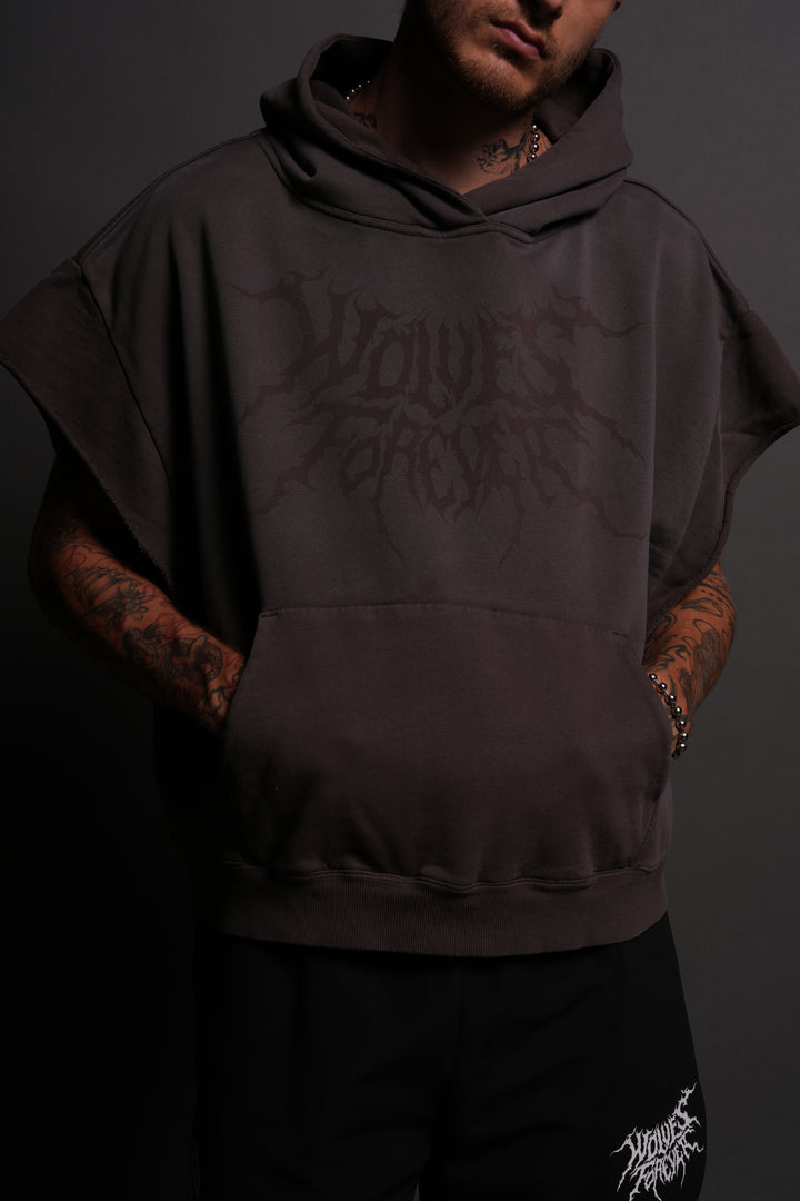 Forged From Iron Grunge Gage Cap Sleeve Hoodie in Darc Brown Horizon Sun Fade
