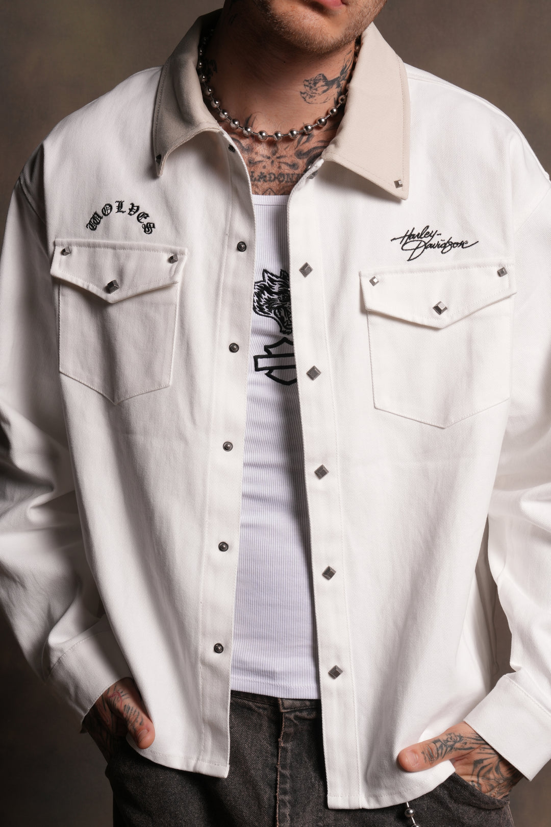 Harley Wolves Winslow Shirt Jacket in Cream