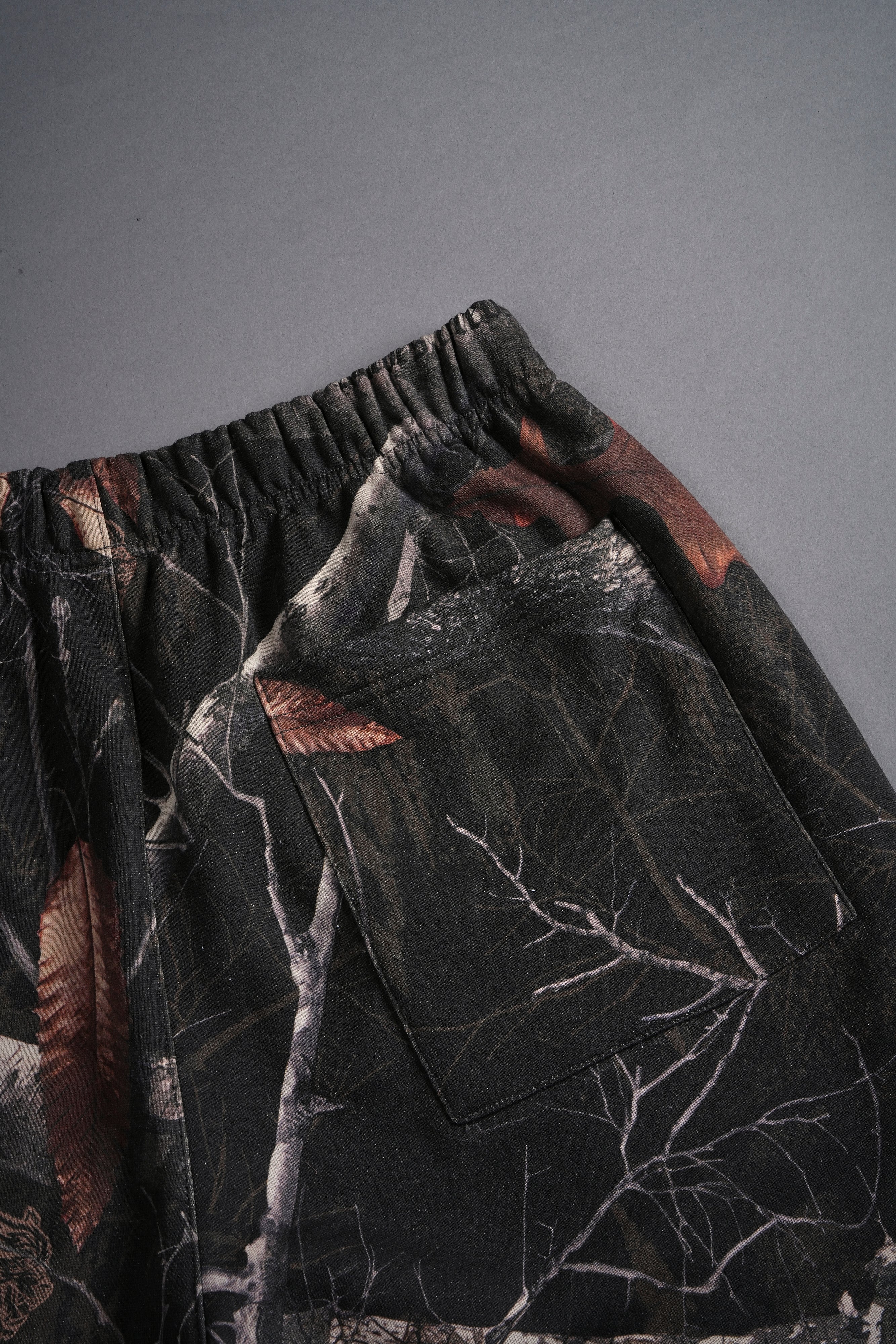 Dual Post Lounge Sweat Shorts in Darc Brown Woodland Camo