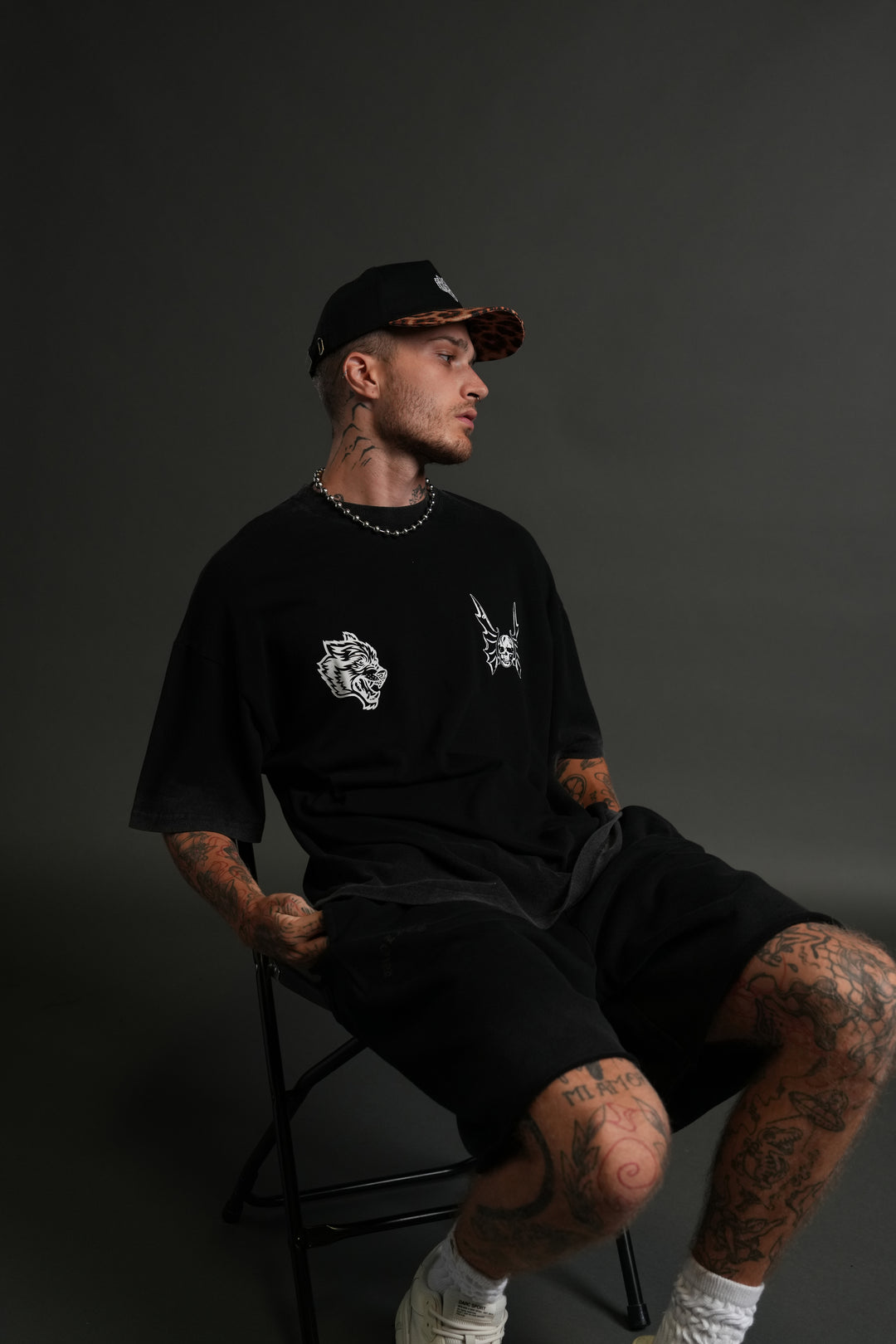 Wolf Head 5 Panel Hat in Black/Clay Leopard