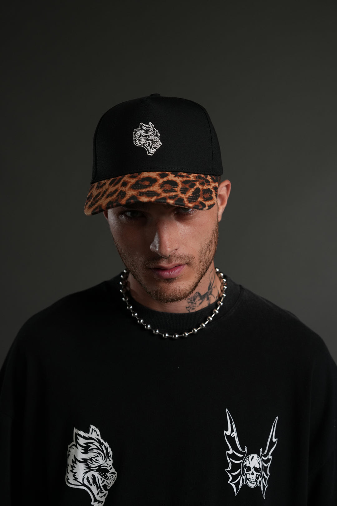 Wolf Head 5 Panel Hat in Black/Clay Leopard
