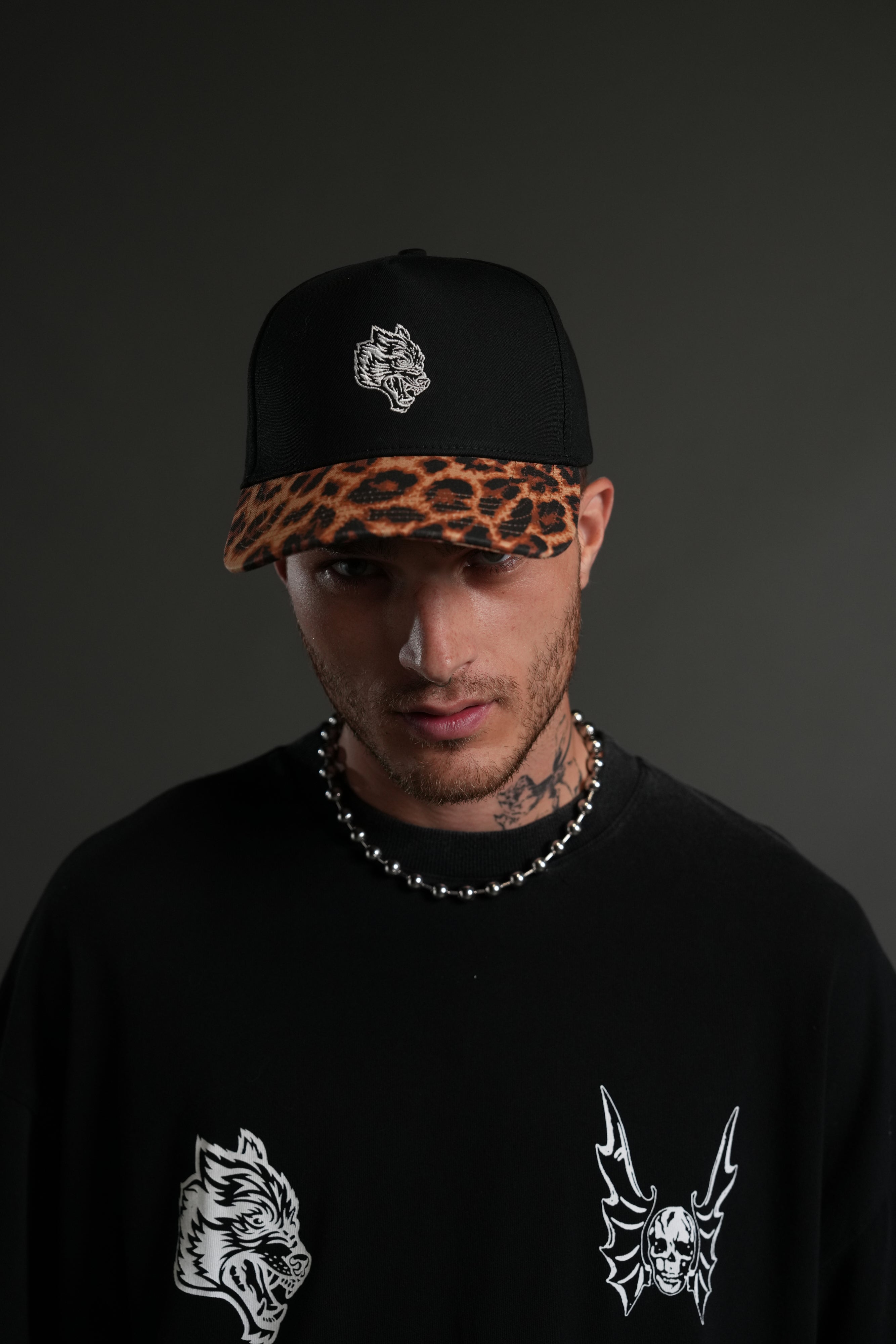 Wolf Head 5 Panel Hat in Black/Clay Leopard