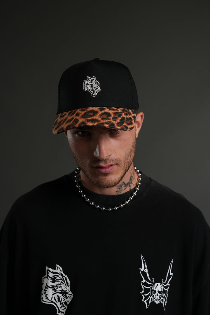 Wolf Head 5 Panel Hat in Black/Clay Leopard