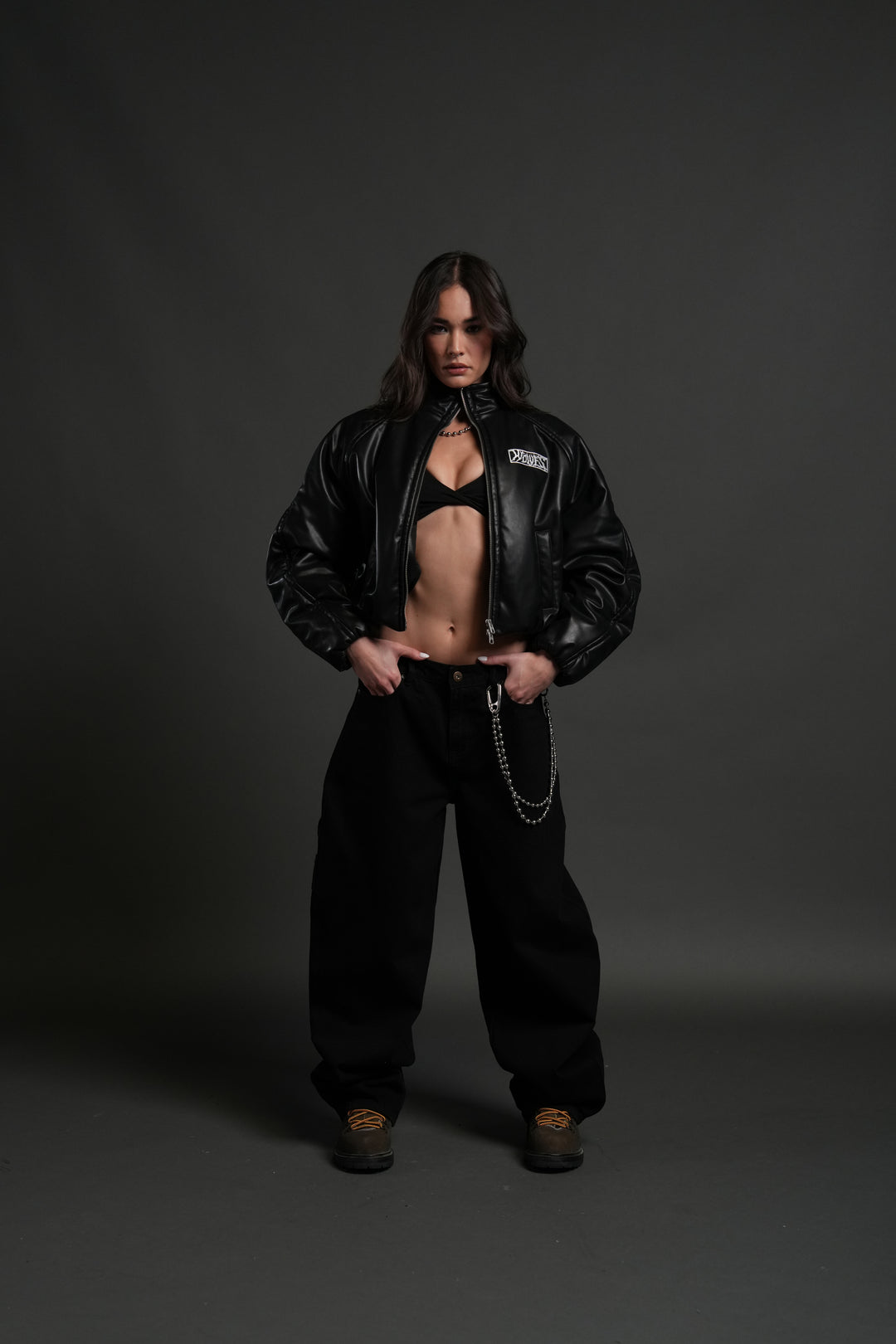 Midnight Wolves Sofia Faux Leather Bomber Jacket in Black