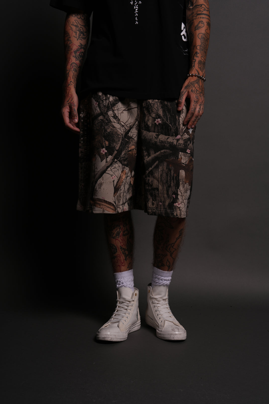 Dual Stud Oversized Osiris Sweat Shorts in Cherry Blossom Woodland Camo