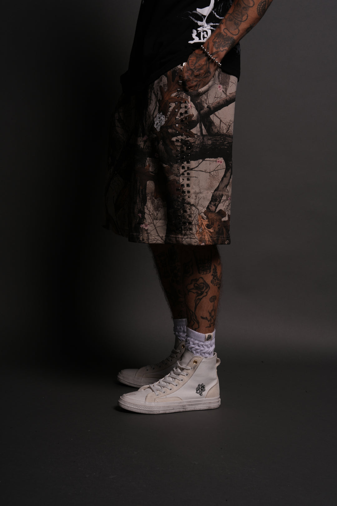 Dual Stud Oversized Osiris Sweat Shorts in Cherry Blossom Woodland Camo