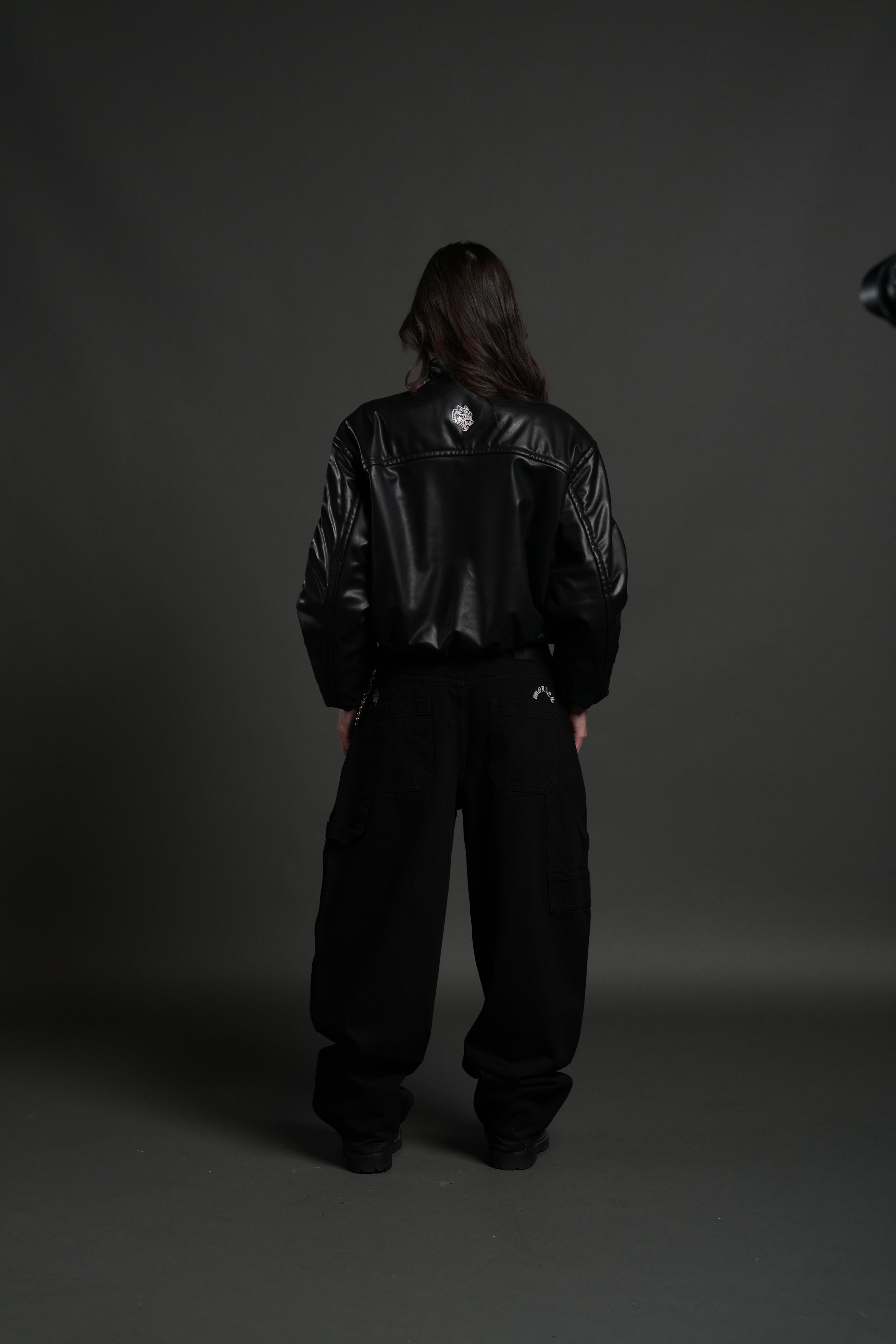 Midnight Wolves Sofia Faux Leather Bomber Jacket in Black