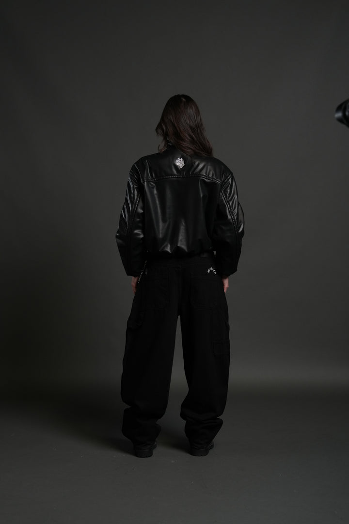 Midnight Wolves Sofia Faux Leather Bomber Jacket in Black