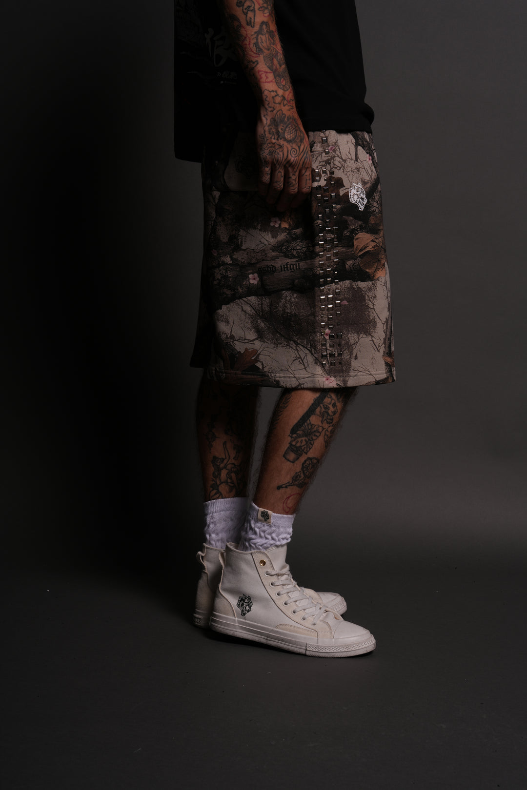 Dual Stud Oversized Osiris Sweat Shorts in Cherry Blossom Woodland Camo