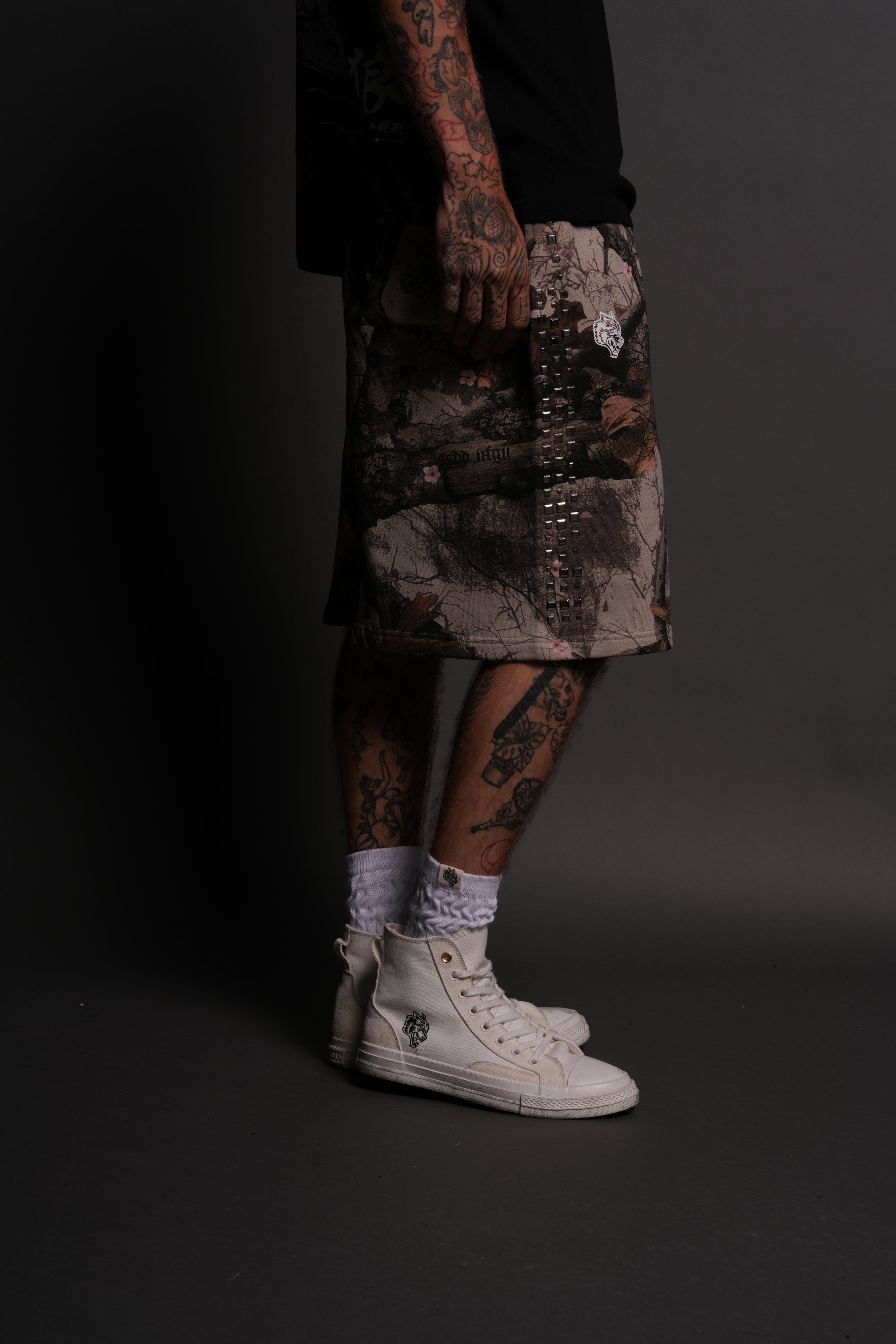 Dual Stud Oversized Osiris Sweat Shorts in Cherry Blossom Woodland Camo