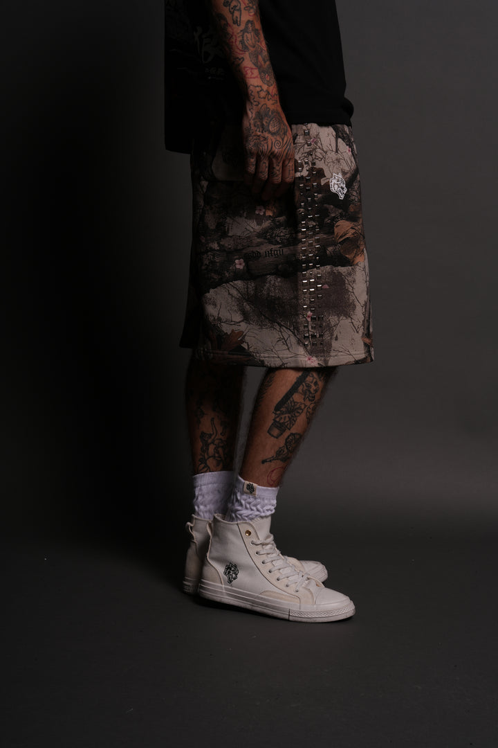 Dual Stud Oversized Osiris Sweat Shorts in Cherry Blossom Woodland Camo