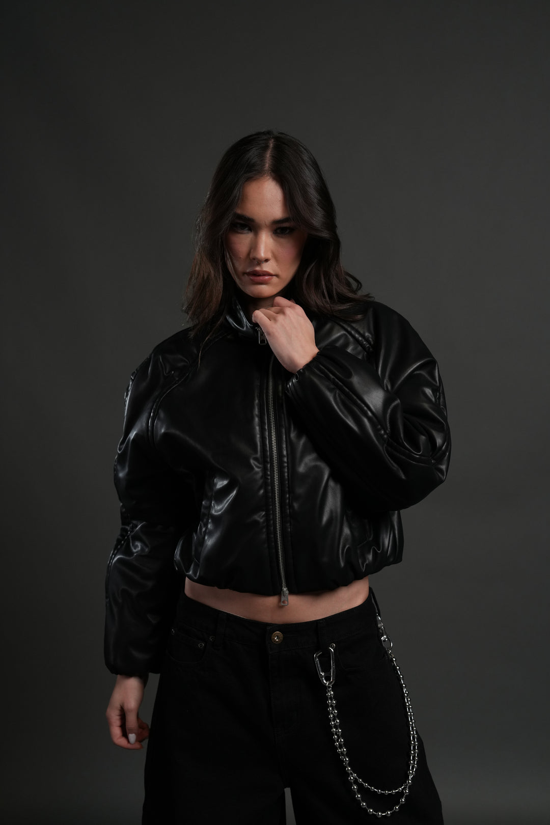 Midnight Wolves Sofia Faux Leather Bomber Jacket in Black
