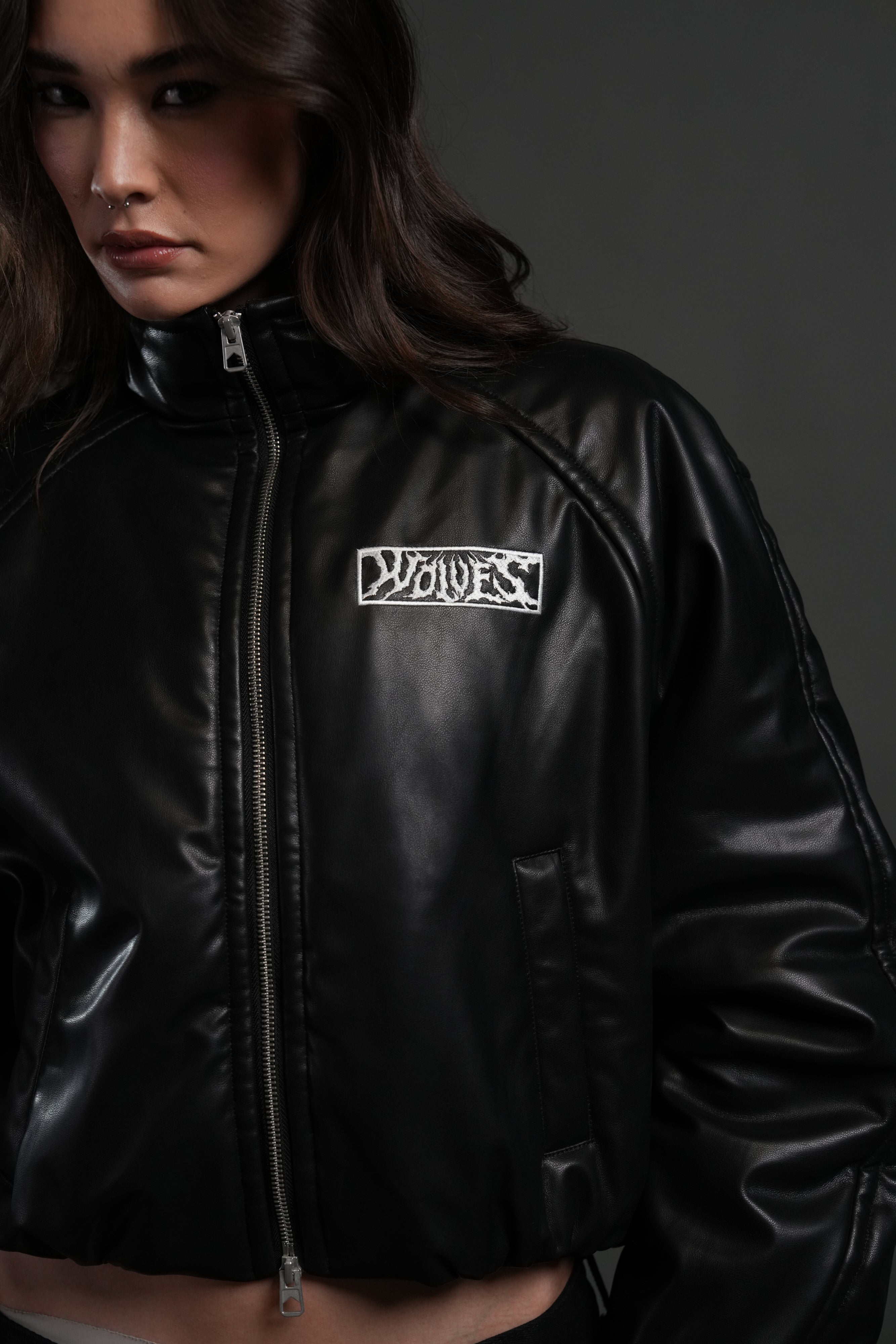 Midnight Wolves Sofia Faux Leather Bomber Jacket in Black