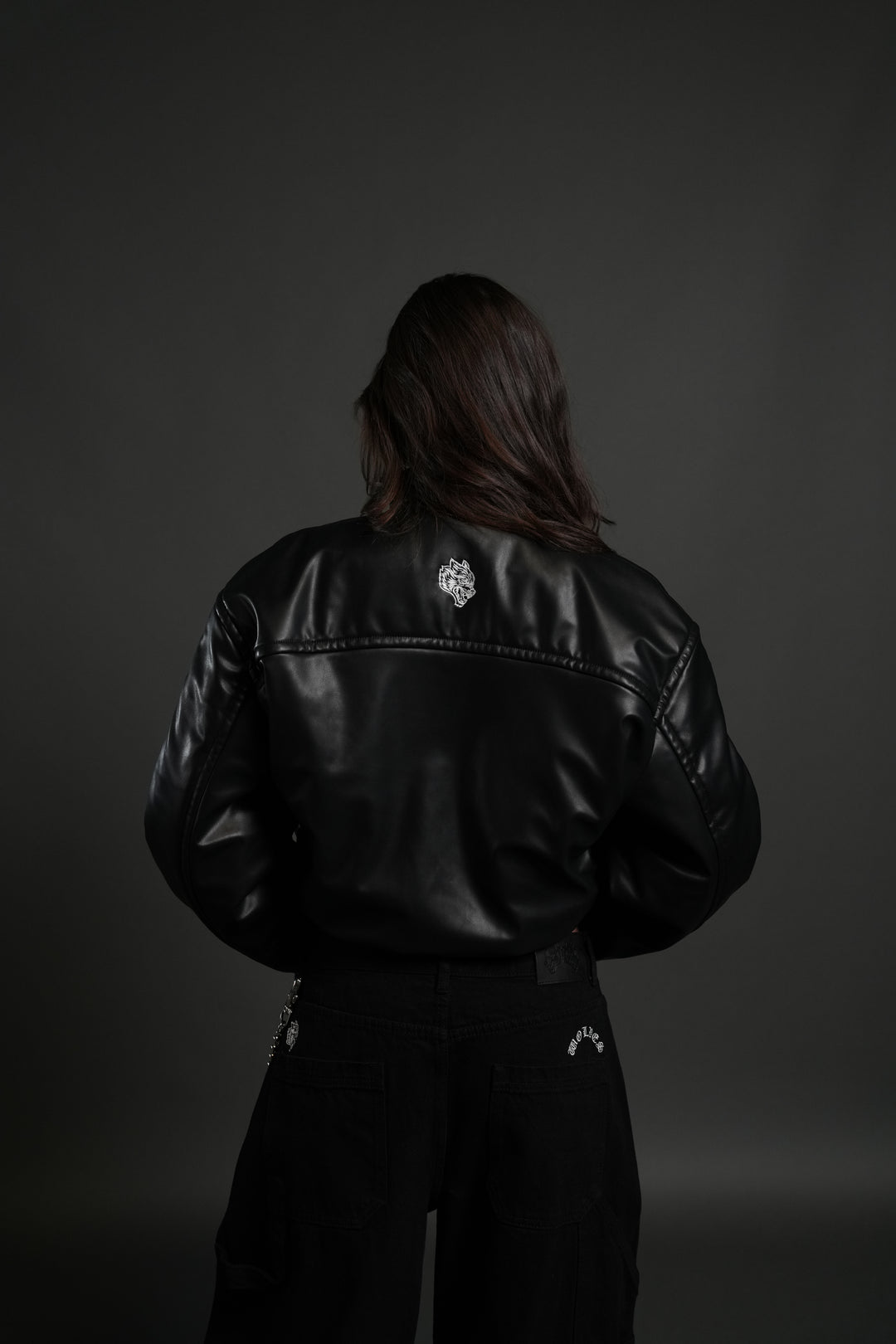 Midnight Wolves Sofia Faux Leather Bomber Jacket in Black