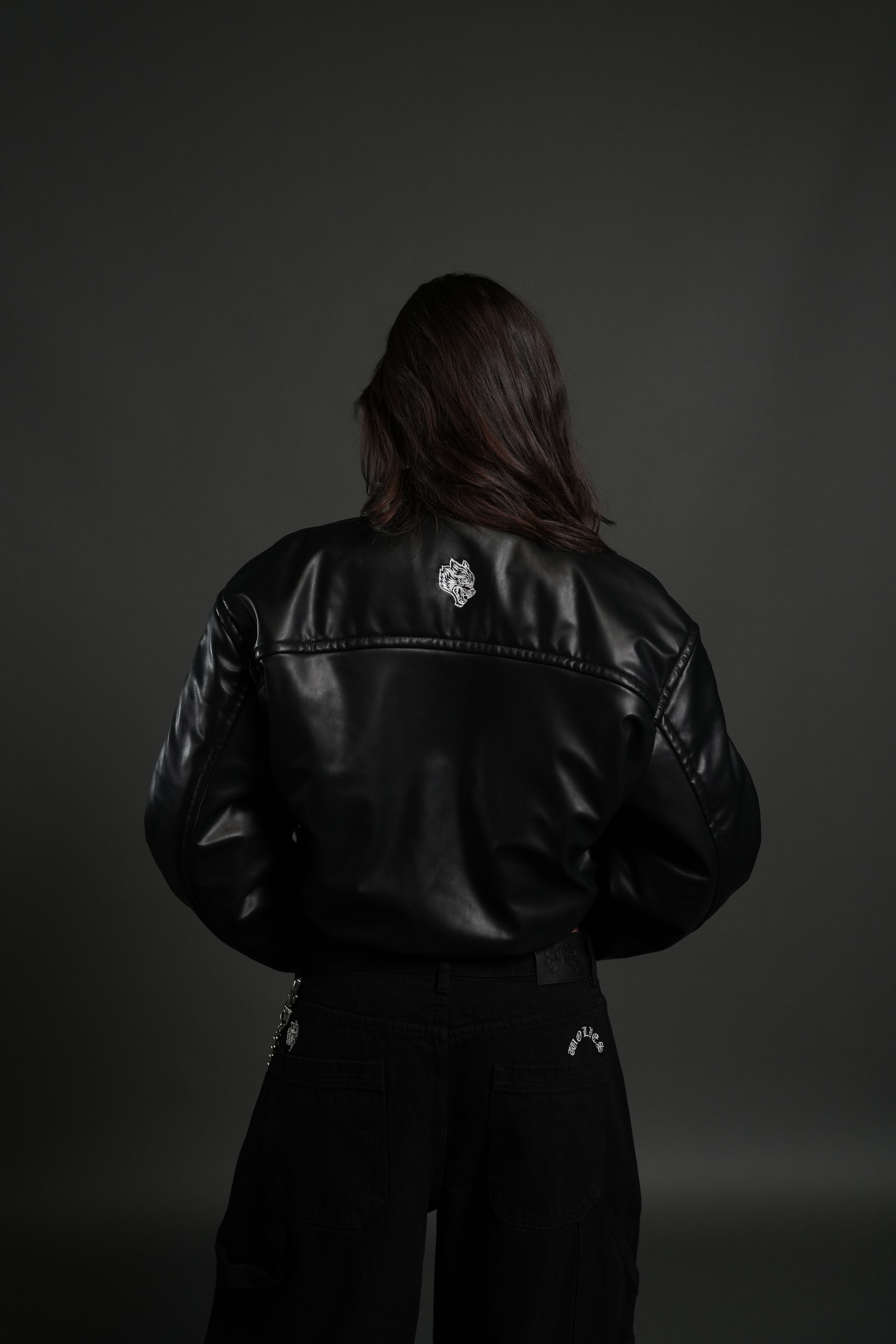 Midnight Wolves Sofia Faux Leather Bomber Jacket in Black