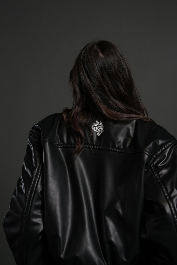 Midnight Wolves Sofia Faux Leather Bomber Jacket in Black