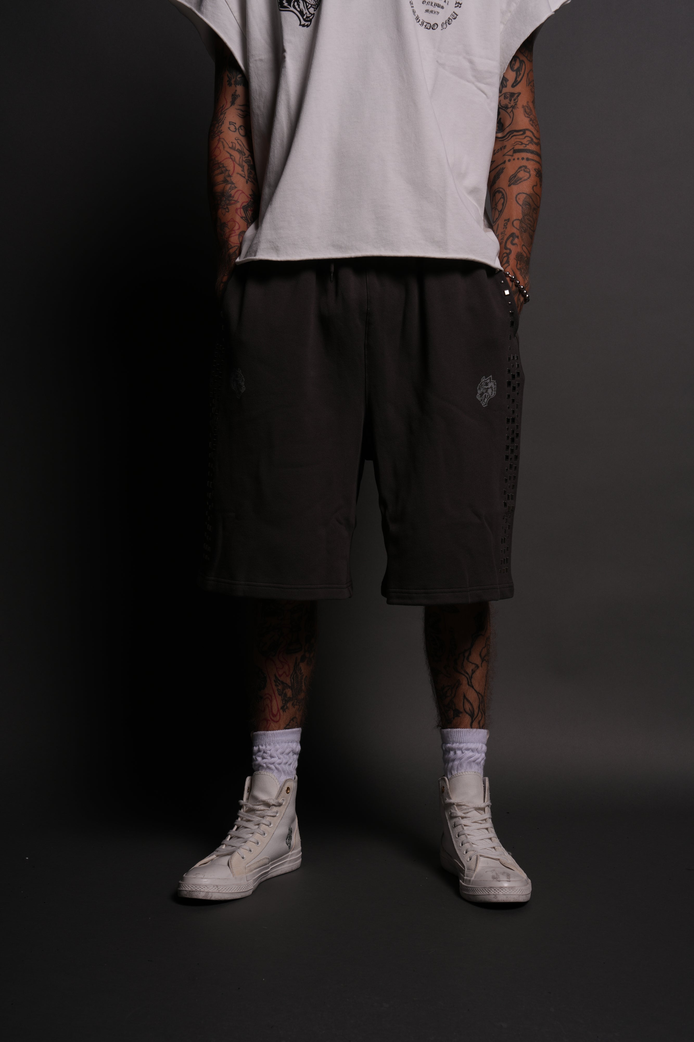 Dual Stud Oversized Osiris Sweat Shorts in Wolf Gray
