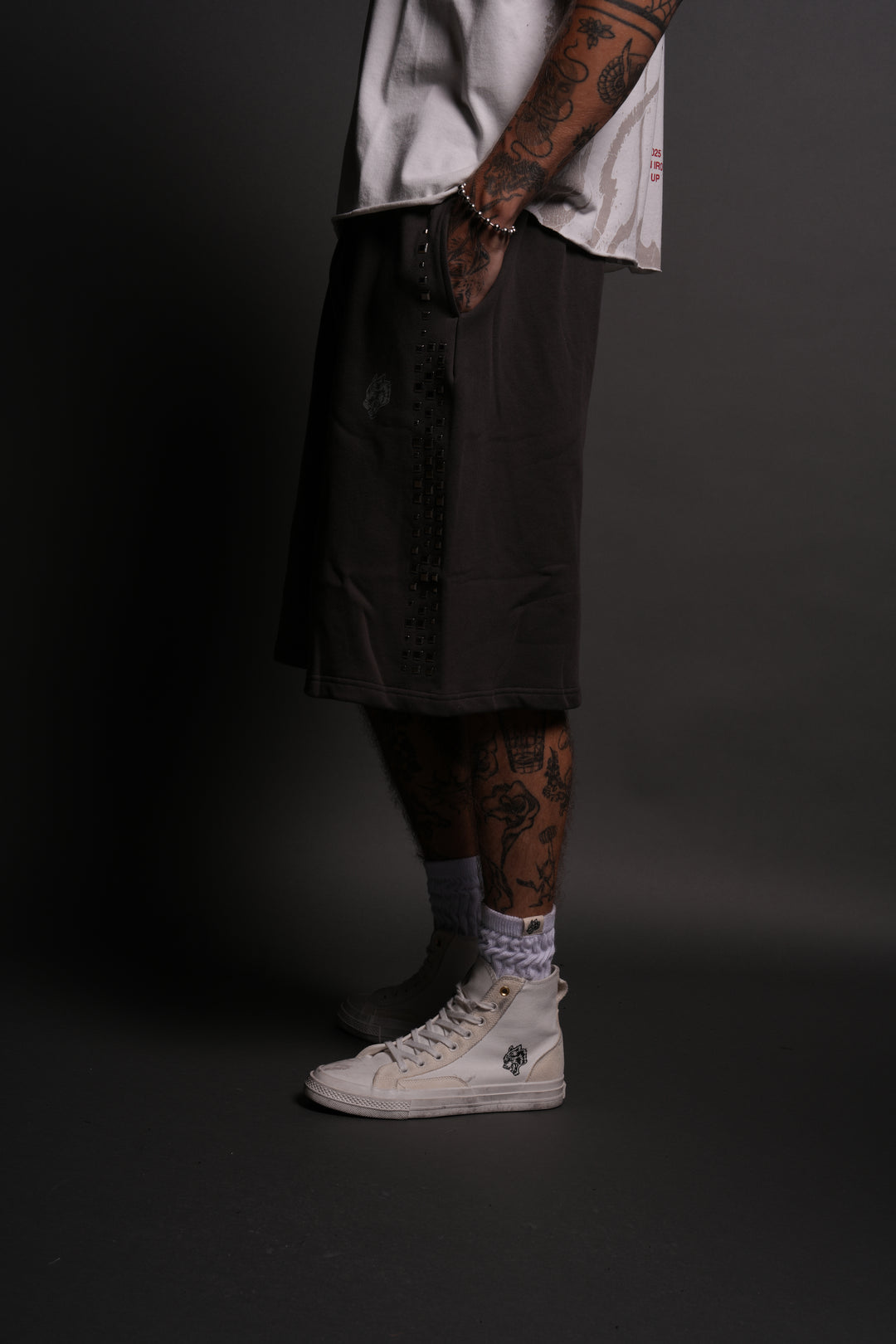 Dual Stud Oversized Osiris Sweat Shorts in Wolf Gray