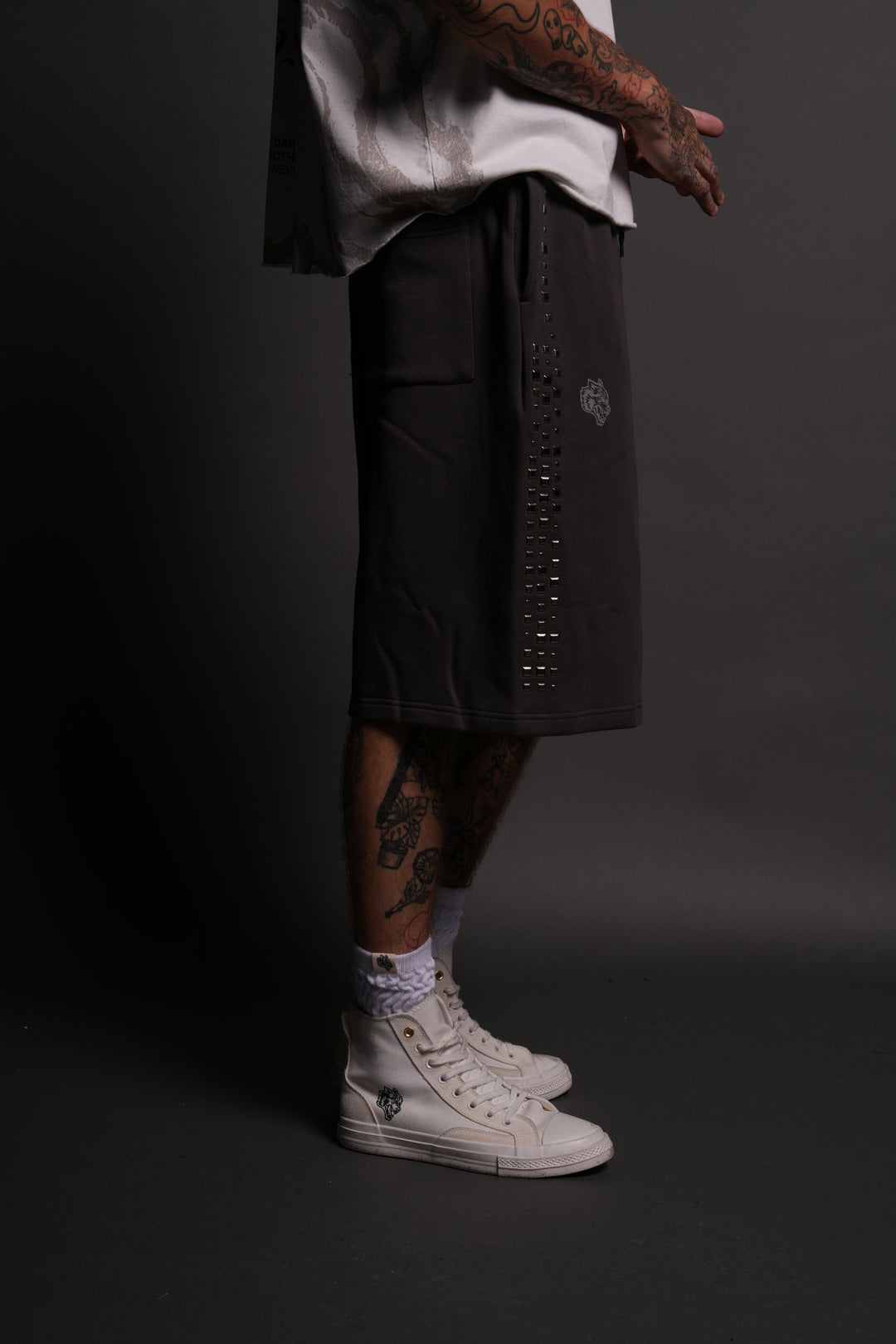 Dual Stud Oversized Osiris Sweat Shorts in Wolf Gray