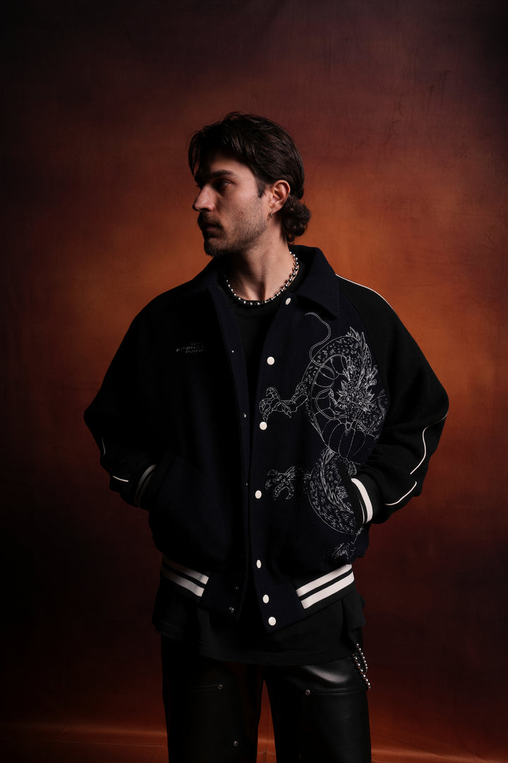 Our Wish V2 Letterman Jacket in Navy/Black