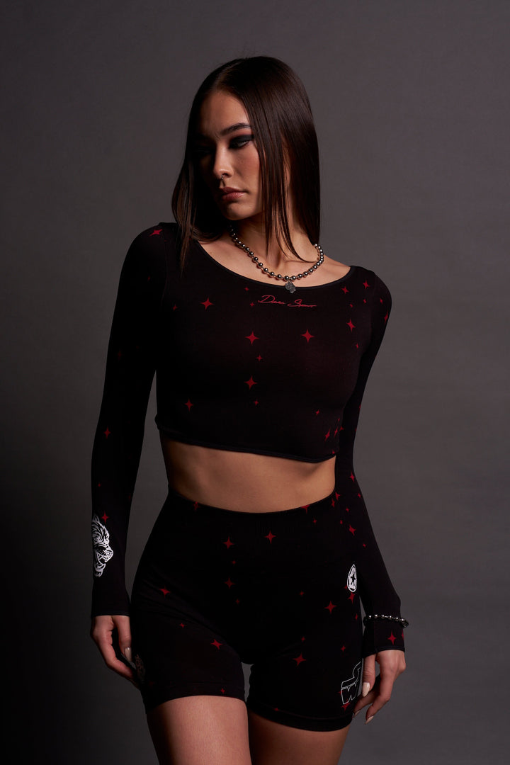 Darc Script "Everson Seamless" Chloe L/S Top in Black/Red Starry Night