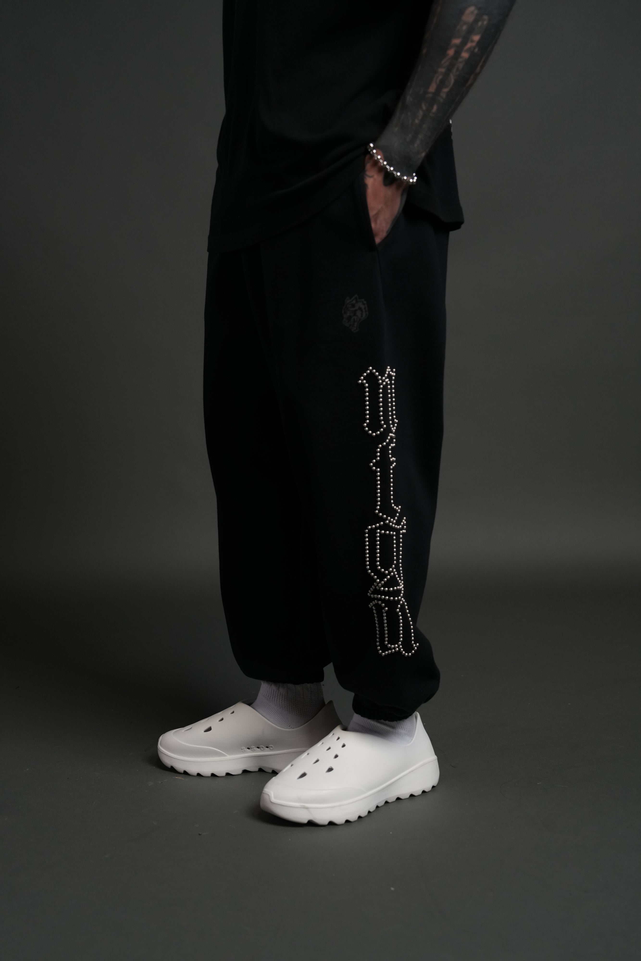 Studded Our Mantra Unisex Lounger Sweat Pants in Black Drift Wash